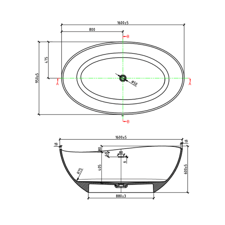 CUNARD Egg Shaped Freestanding Solid Surface Bath 1600mm - VERVE BATHROOM DESIGN