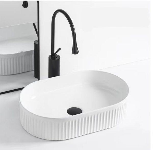 Fluted – Gloss White Oval Above Counter Basin 580mm